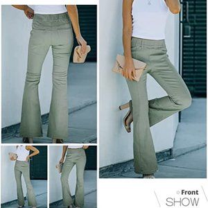 Sidefeel Destroyed Flare Elastic Waist Jeans Bell Bottom Green Denim Pants Sz 10